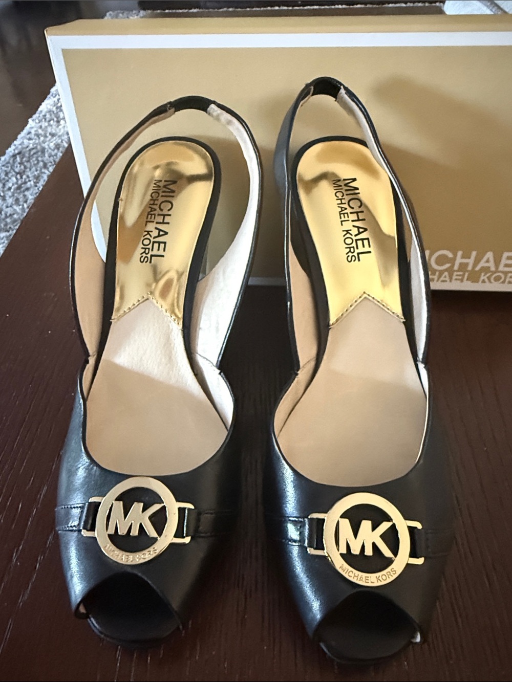 Michael Kors Black Leather Peep-Toe Slingback Heels with Gold MK Medallions